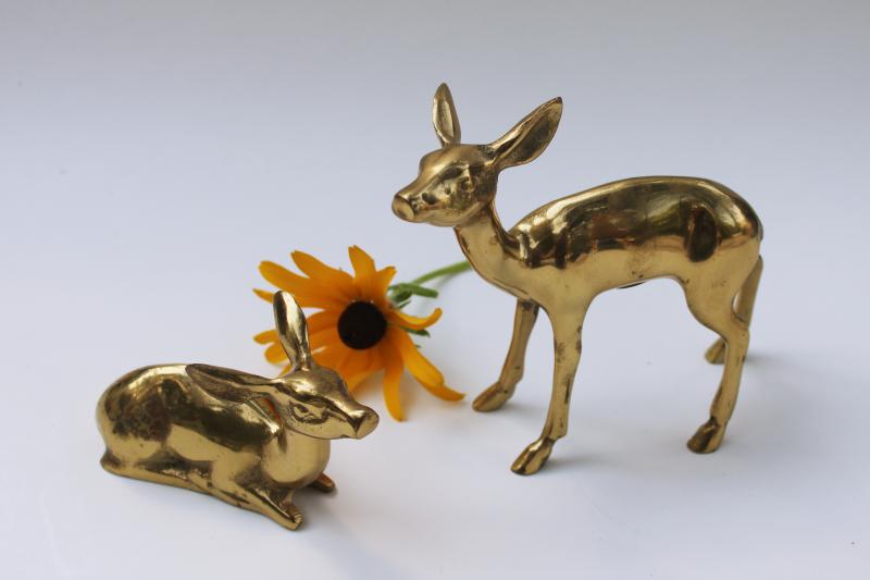 photo of 70s vintage solid brass deer, pair of large deer figurines, brass animals #1