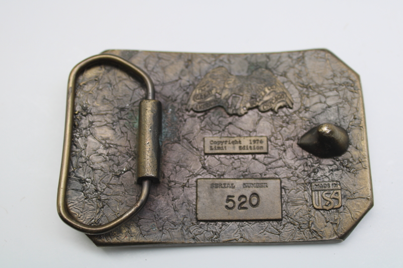photo of 70s vintage western belt buckle w/ white tailed deer, brass tone cast metal Great American Buckle  #2