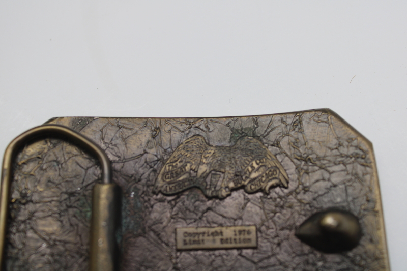 photo of 70s vintage western belt buckle w/ white tailed deer, brass tone cast metal Great American Buckle  #3