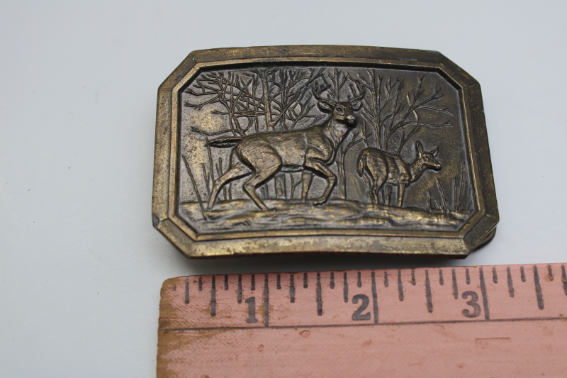 photo of 70s vintage western belt buckle w/ white tailed deer, brass tone cast metal Great American Buckle  #4