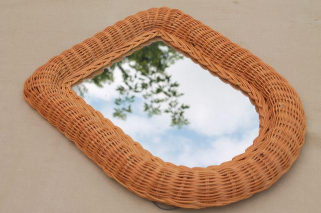 photo of 70s vintage wicker frame mirror, rustic modern neutral, natural color basketweave texture #5