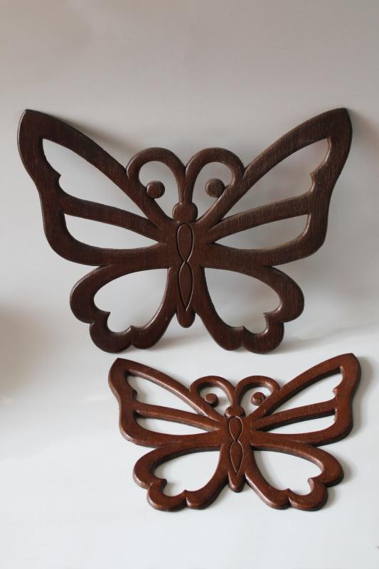 photo of 70s vintage wood butterflies wall art hanging plaques, retro hippie style #2