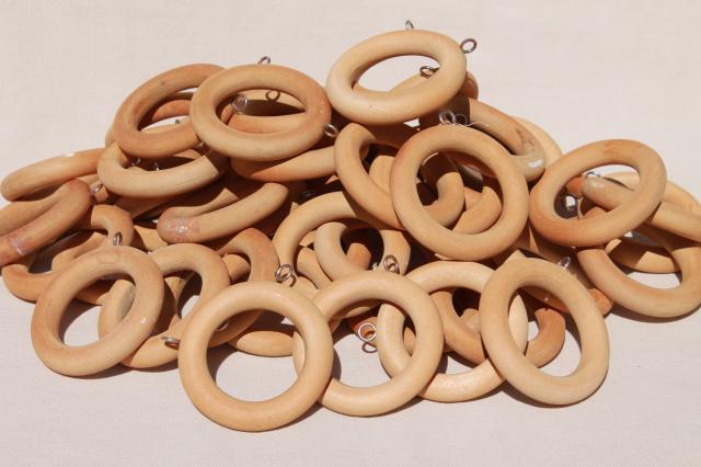 photo of 70s vintage wood curtain rings, big & groovy - retro boho drapery hardware lot #1