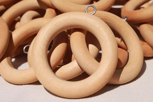 photo of 70s vintage wood curtain rings, big & groovy - retro boho drapery hardware lot #2