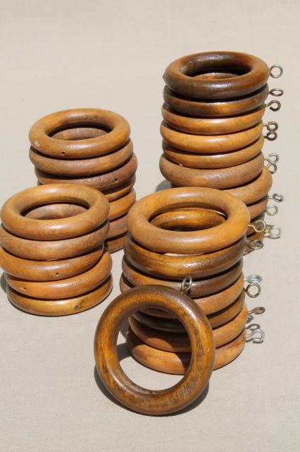 photo of 70s vintage wood curtain rings, big & groovy - retro boho drapery hardware lot #1