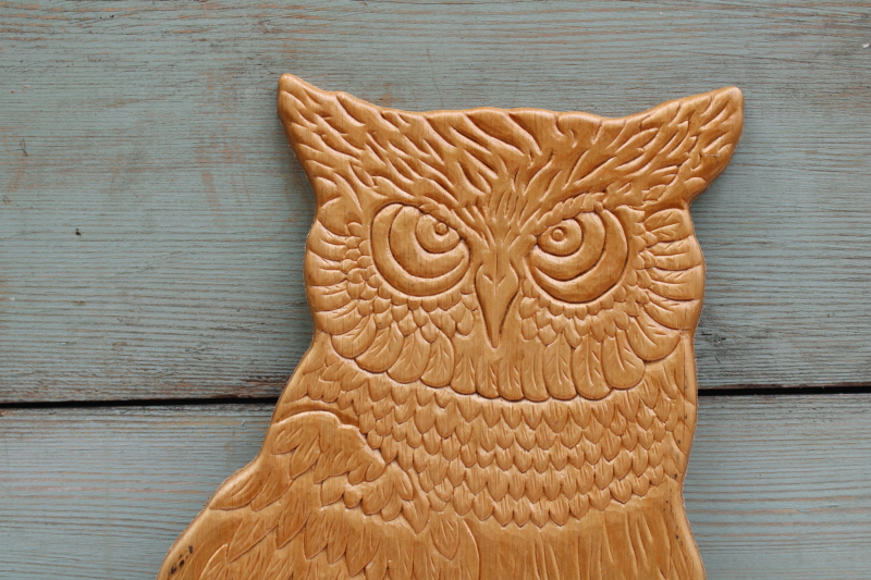 photo of 70s vintage wood owl wall art plaque, rustic natural wood pressed carved design boho nature decor  #2