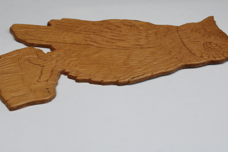 photo of 70s vintage wood owl wall art plaque, rustic natural wood pressed carved design boho nature decor  #5