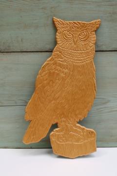 70s vintage wood owl wall art plaque, rustic natural wood pressed carved design boho nature decor 