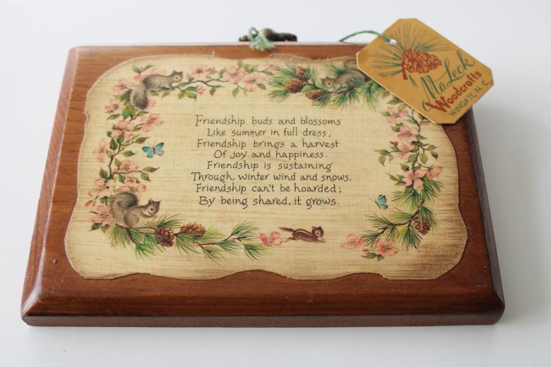 photo of 70s vintage wood wall plaque w/ Friendship motto squirrels, original Ma Leck hang tag #1