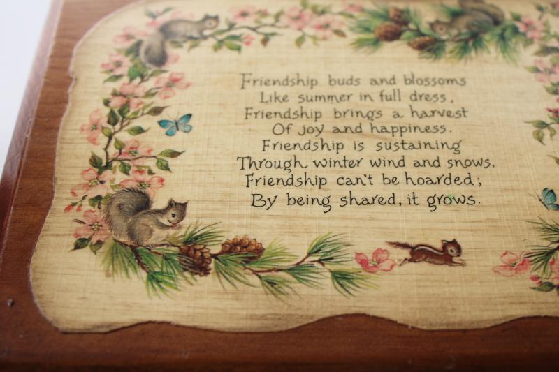 photo of 70s vintage wood wall plaque w/ Friendship motto squirrels, original Ma Leck hang tag #3