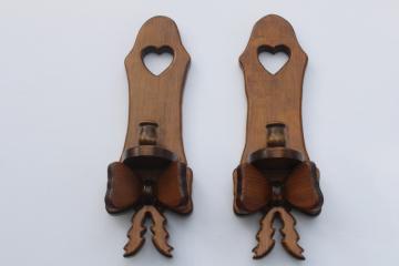 catalog photo of 70s vintage wood wall sconces candle holders, hearts & bows grandma cottage decor 