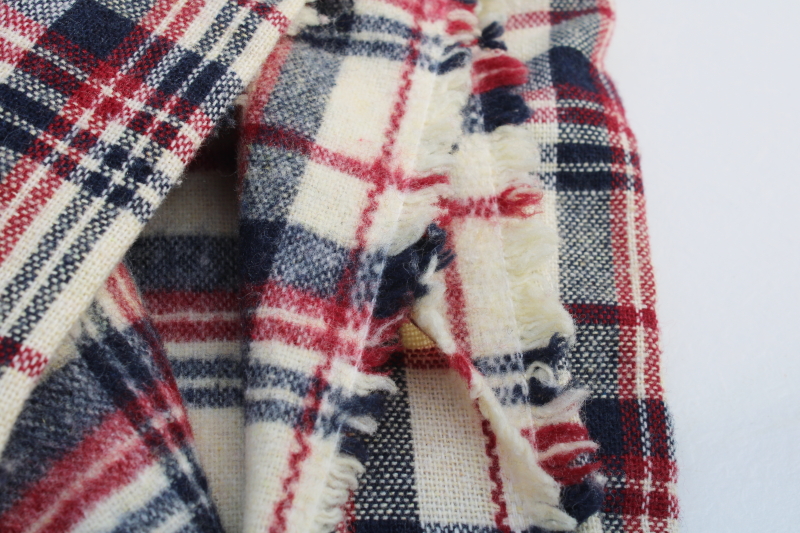 photo of 70s vintage wool look acrylic fabric, woven plaid red & blue on ivory white #2