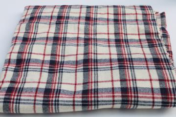 catalog photo of 70s vintage wool look acrylic fabric, woven plaid red & blue on ivory white