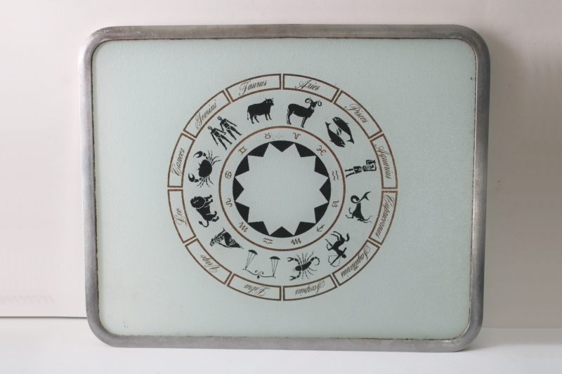 photo of 70s vintage zodiac design glass cutting board, kitchen counter saver  #1