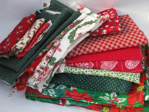 photo of 70s-80s vintage print cotton fabric /scraps lot, Christmas red and green #1