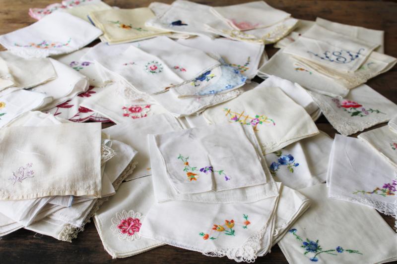 photo of 75 vintage hankies, lot shabby embroidered handkerchiefs for upcycled party decor projects #1
