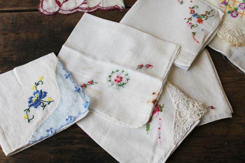 photo of 75 vintage hankies, lot shabby embroidered handkerchiefs for upcycled party decor projects #11