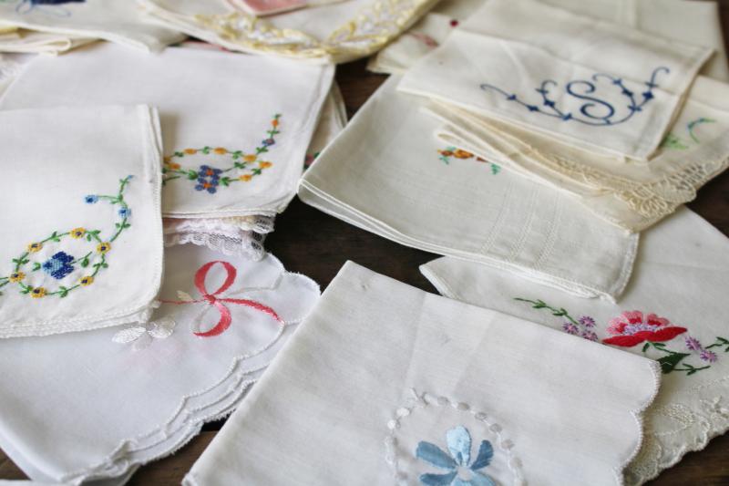 photo of 75 vintage hankies, lot shabby embroidered handkerchiefs for upcycled party decor projects #13