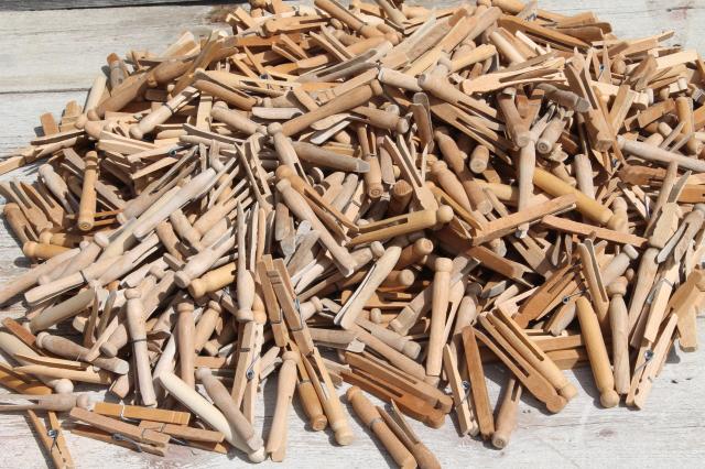 photo of 750+ vintage wood clothespins, primitive old wooden clothespin lot  #2