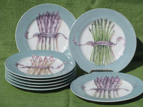 photo of 8 Williams-Sonoma plates, asparagus print w/ heirloom french labels #1