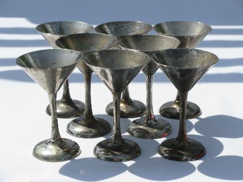 photo of 8 art deco vintage martini cocktail glasses, silver plate over brass #1
