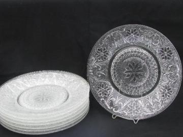 catalog photo of 8 dinner plates, vintage sandwich pressed glass, old Indiana daisy pattern