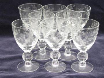 catalog photo of 8 etched glass footed sherry or cordial glasses, individual flower vases