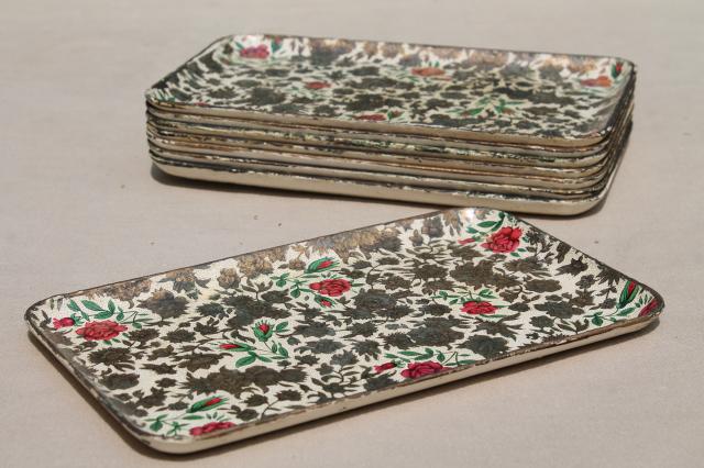 photo of 8 mini trays w/ gold chintz flowers, vintage Japan papier mache cocktail tray set #1