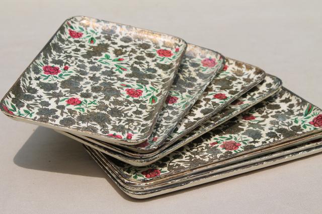 photo of 8 mini trays w/ gold chintz flowers, vintage Japan papier mache cocktail tray set #4