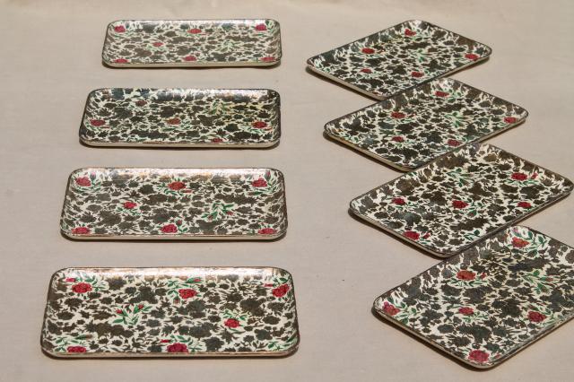 photo of 8 mini trays w/ gold chintz flowers, vintage Japan papier mache cocktail tray set #5