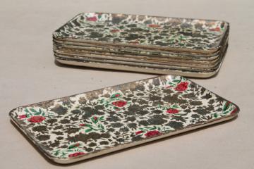 catalog photo of 8 mini trays w/ gold chintz flowers, vintage Japan papier mache cocktail tray set