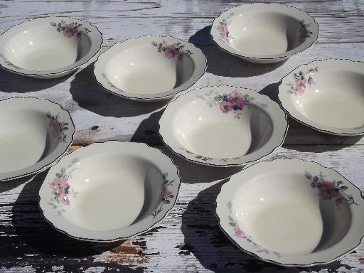 photo of 8 soup or cereal bowls, W S George Canarytone Lido pink and grey floral #1