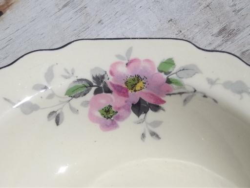 photo of 8 soup or cereal bowls, W S George Canarytone Lido pink and grey floral #5