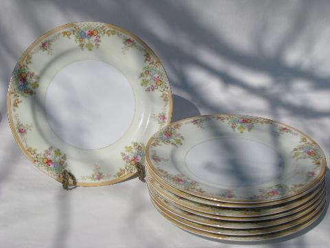 photo of 8 vintage Japan porcelain china dinner plates, tiny flowers floral border #1