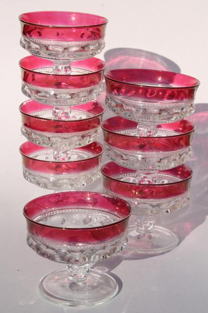 photo of 8 vintage Kings Crown pattern glass sherbets or champagne glasses w/ ruby band red flashed color #1