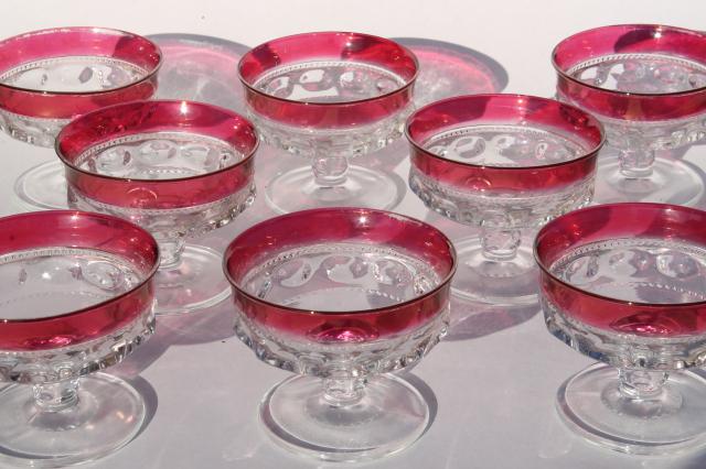 photo of 8 vintage Kings Crown pattern glass sherbets or champagne glasses w/ ruby band red flashed color #2
