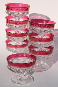 catalog photo of 8 vintage Kings Crown pattern glass sherbets or champagne glasses w/ ruby band red flashed color