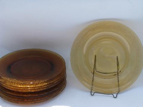 photo of 8 vintage amber depression glass salad plates w/ etched floral brocade pattern #1