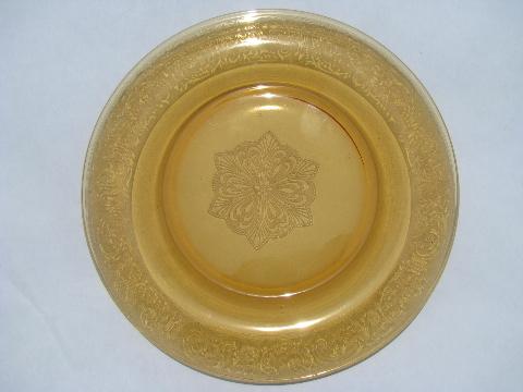 photo of 8 vintage amber depression glass salad plates w/ etched floral brocade pattern #2