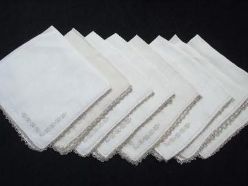 catalog photo of 8 vintage dinner napkins, very fine flax handkerchief linen, lace edged