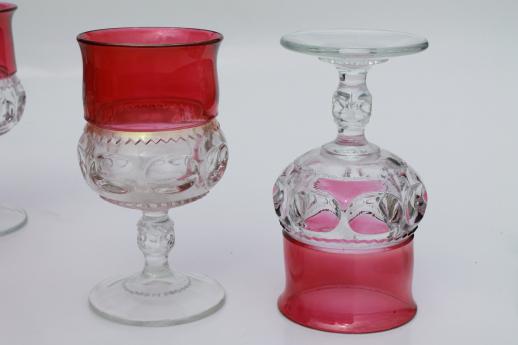 photo of 8 water glasses or large wine goblets, King's Crown w/ ruby band, red flashed colo #5