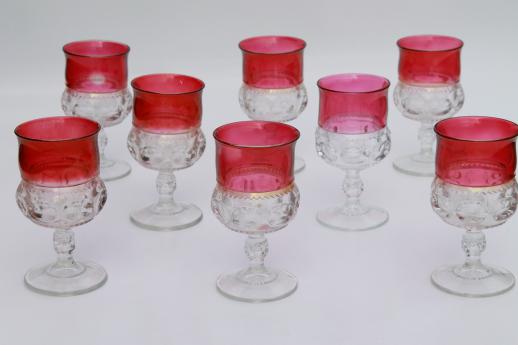 photo of 8 water glasses or large wine goblets, King's Crown w/ ruby band, red flashed color #1