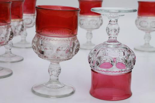 photo of 8 water glasses or large wine goblets, King's Crown w/ ruby band, red flashed color #5