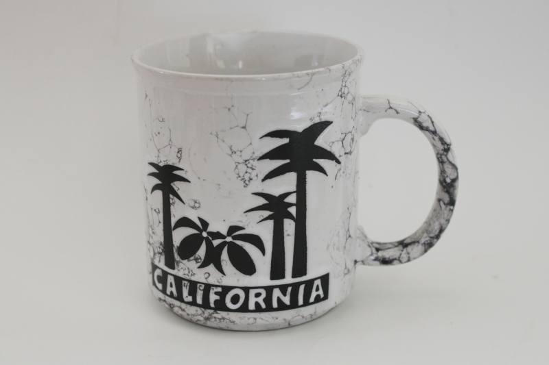 photo of 80s 90s vintage California souvenir ceramic mug, rad retro style black & white graphics #1