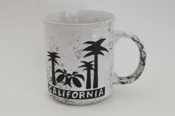 80s 90s vintage California souvenir ceramic mug, rad retro style black & white graphics