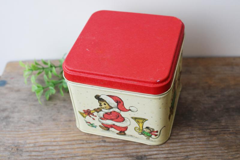 photo of 80s 90s vintage Christmas tin canister, forest animals musical marching band parade #3