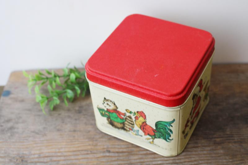photo of 80s 90s vintage Christmas tin canister, forest animals musical marching band parade #4