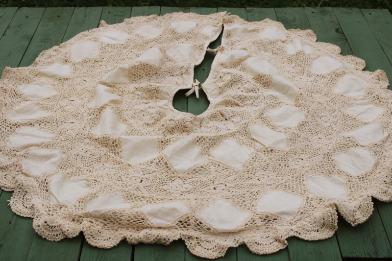 photo of 80s 90s vintage Christmas tree skirt, ivory cotton w/ crochet lace shabby chic farmhouse holiday  #1