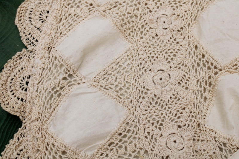 photo of 80s 90s vintage Christmas tree skirt, ivory cotton w/ crochet lace shabby chic farmhouse holiday  #6