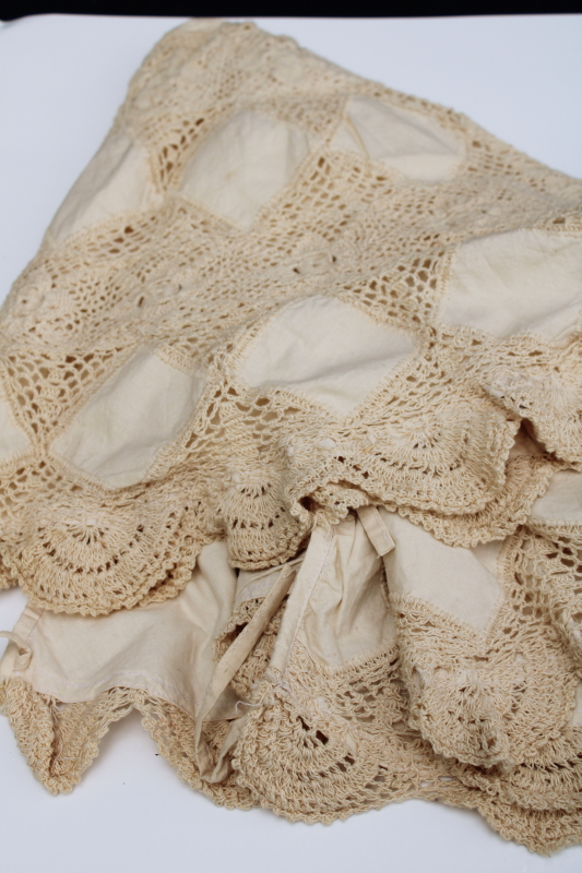 photo of 80s 90s vintage Christmas tree skirt, ivory cotton w/ crochet lace shabby chic farmhouse holiday  #9